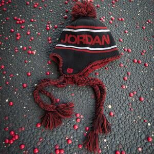 Jordan Knit Winter Knit Hat Beanie with Earflaps and Tassels Red and Black Bulls